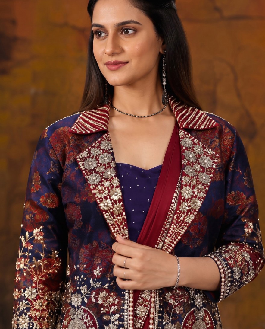 27118 - Maroon Embroidered Wedding Party Designer Saree